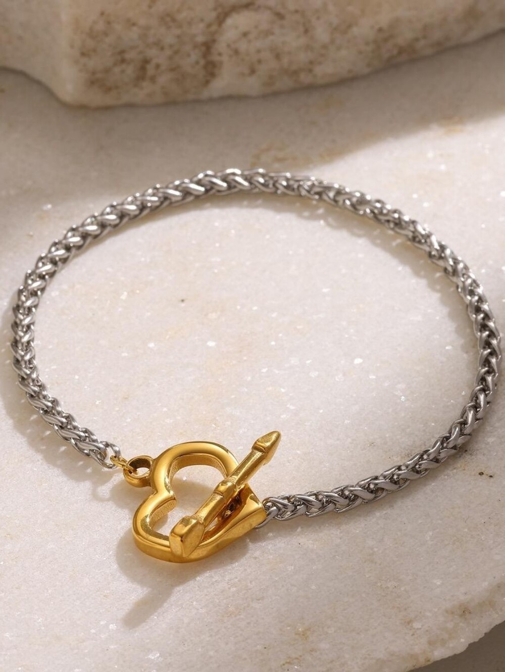 Gold Heart Toggle Bracelet Silver Wheat Chain Mixed Metal Two Tone Jewelry